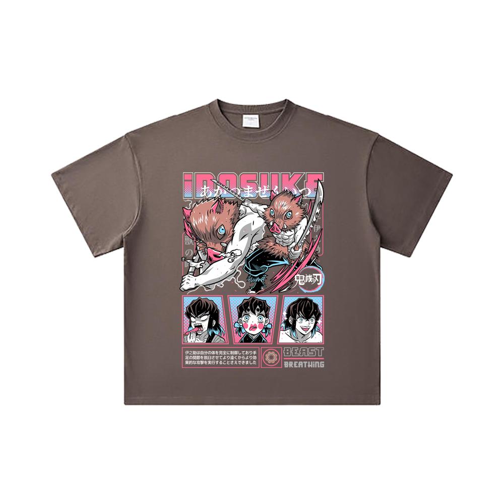 260 GSM Double Yarn 32 Count 100% Cotton Demon Slayer V28 Inosuke Print Unisex Heavy Cotton T Shirt