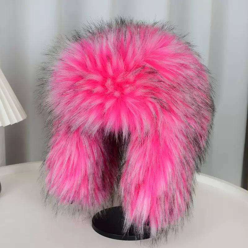 

Chic High-End Faux Fur Lei Feng Winter Hat — Plush, Thickened, Warm, for Spicy Girls and Outdoor Skiing. яркий розовый
