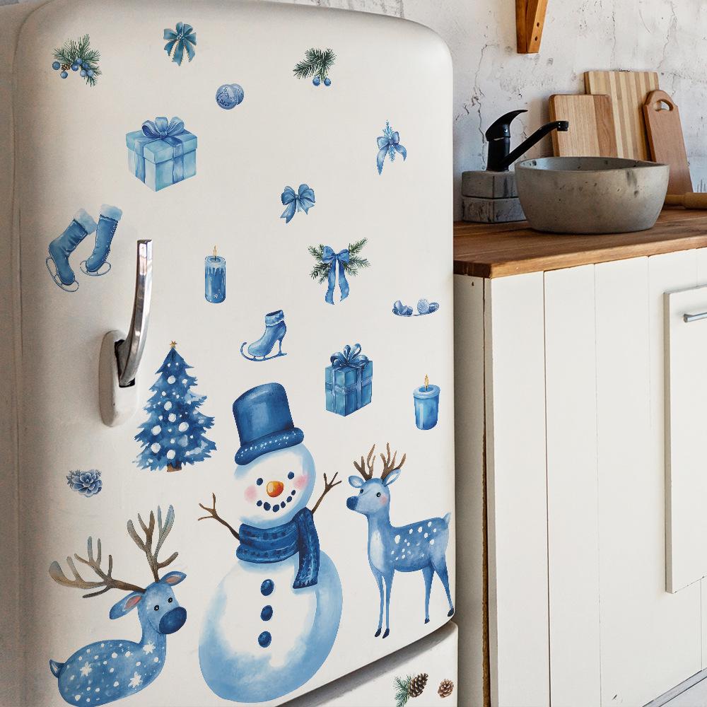 Fun-e157 Christmas Blue Snowman Fawn Christmas Tree Refrigerator Kitchen Beautification Wall Sticker