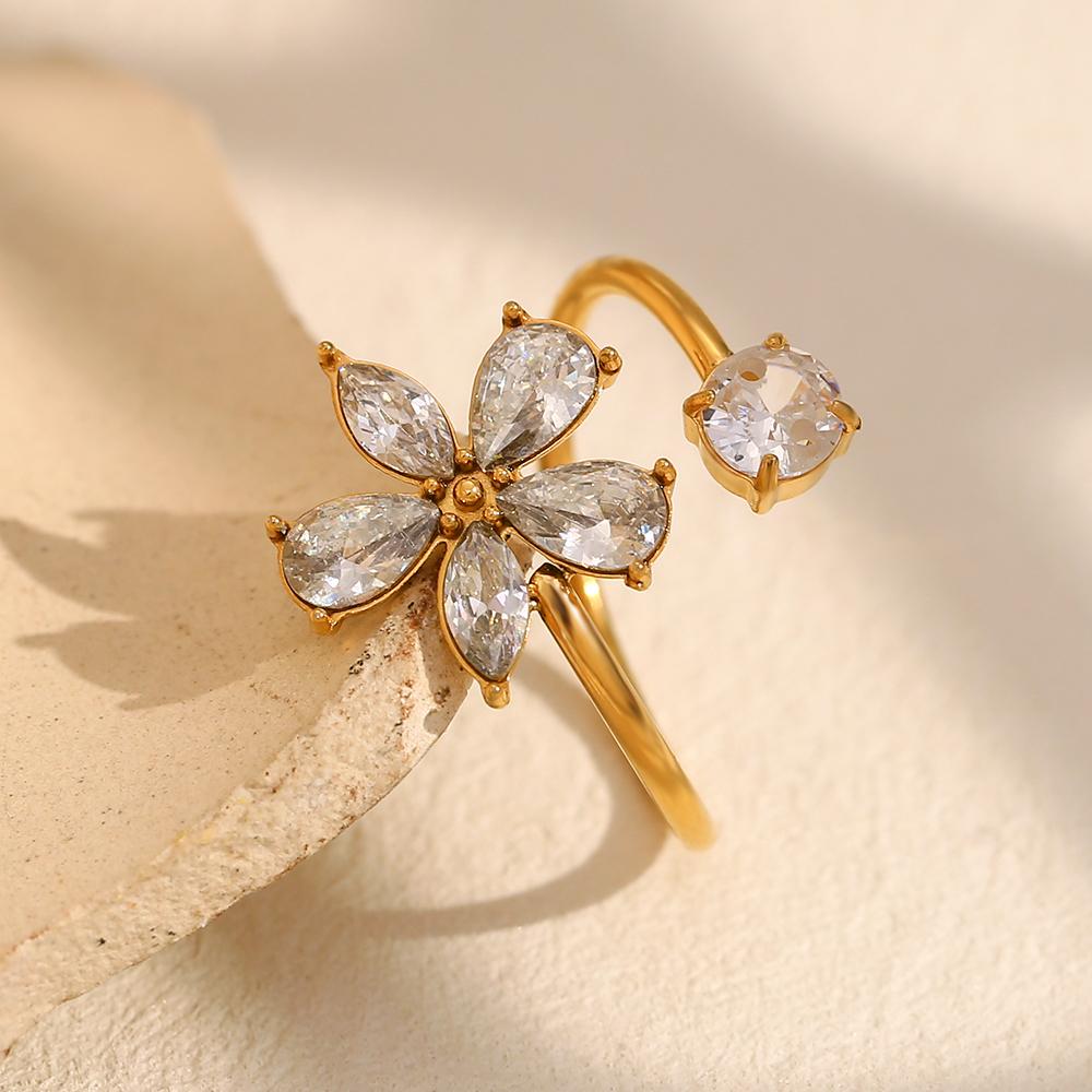Das. Muses Luxus Funkelnder Zirkonia Blume Edelstahl Damen Offener Ring High-End Wasserdicht Zirkon Geschenke