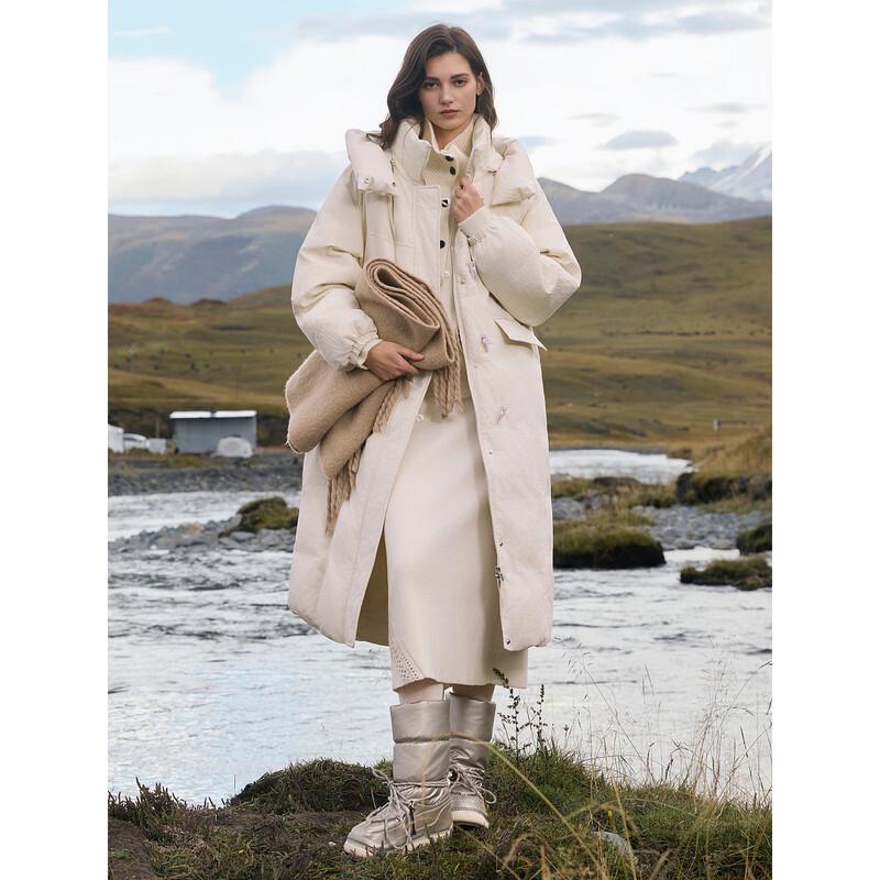 ELLE Women's Hooded Textured White Duck Down Long Jacket