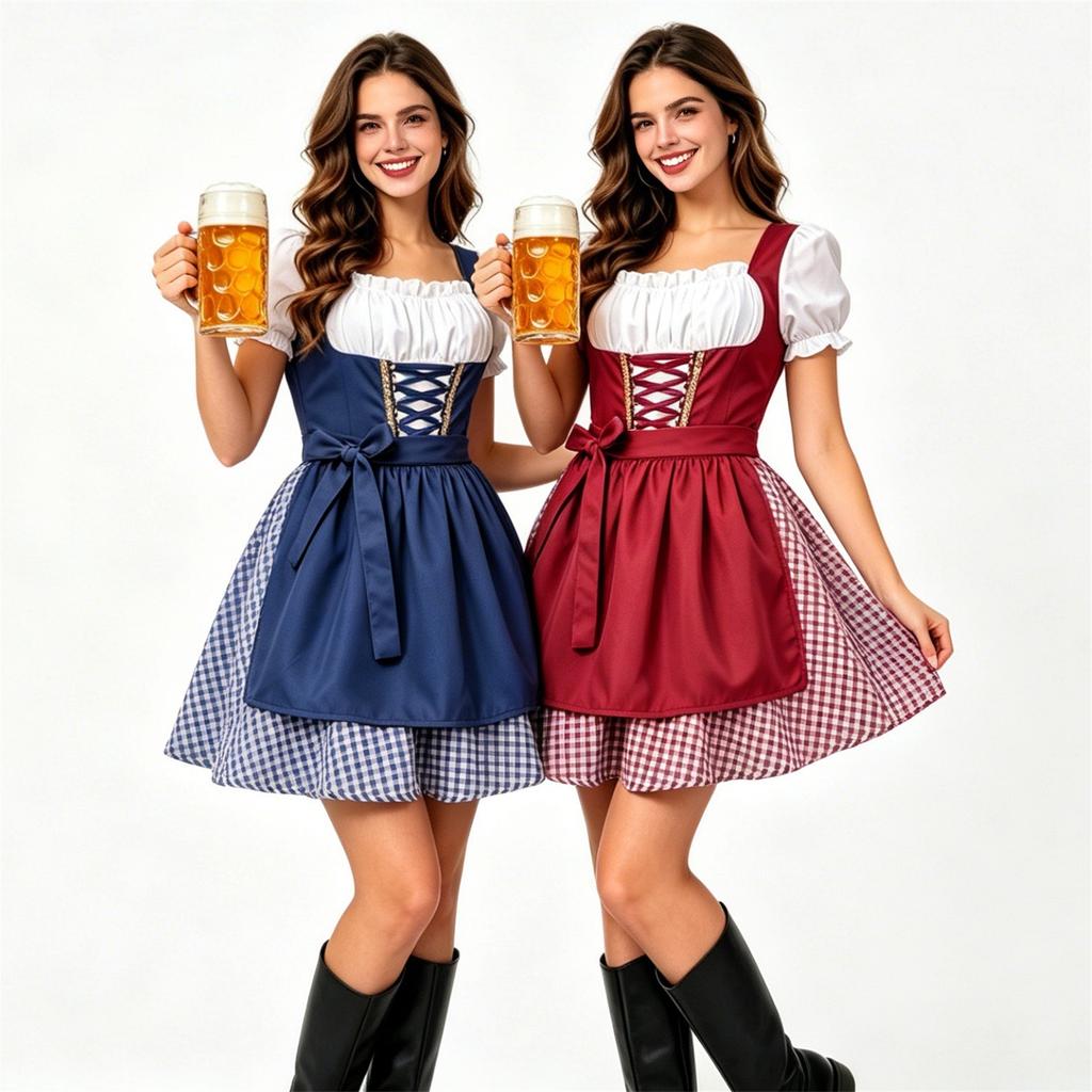 Traditional Bavarian Dirndl Dress Oktoberfest Costume Women Maid Farmhouse Style Dress with Apron and Lace-up Bodice for Festival