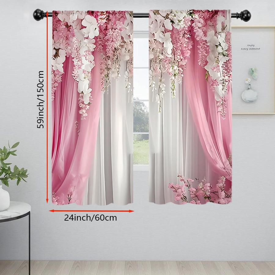 2 Stück Digitaldruck-Vorhänge, Rosa Hängende Glyzinienblüten Floralmuster, Romantische Frühlings-Fenstervorhänge für Schlafzimmer Wohnzimmer