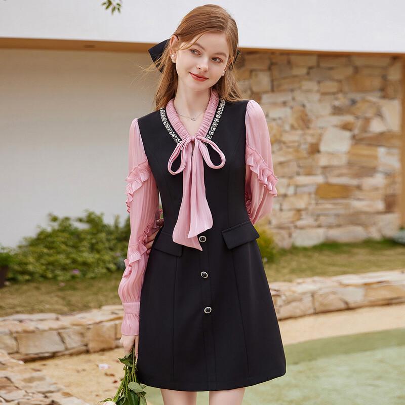 Bailuyu V-Neck Faux Two-Piece Color Block Midi Dress M