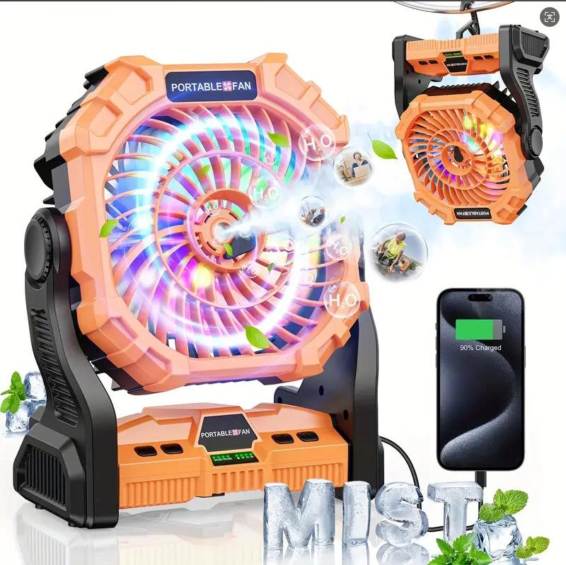 

Camping Fan Battery Powered Fan Rechargeable with RGB Light Portable Outdoor Tent Fan with Hanging Hook 4 Speeds Wind оранжевый