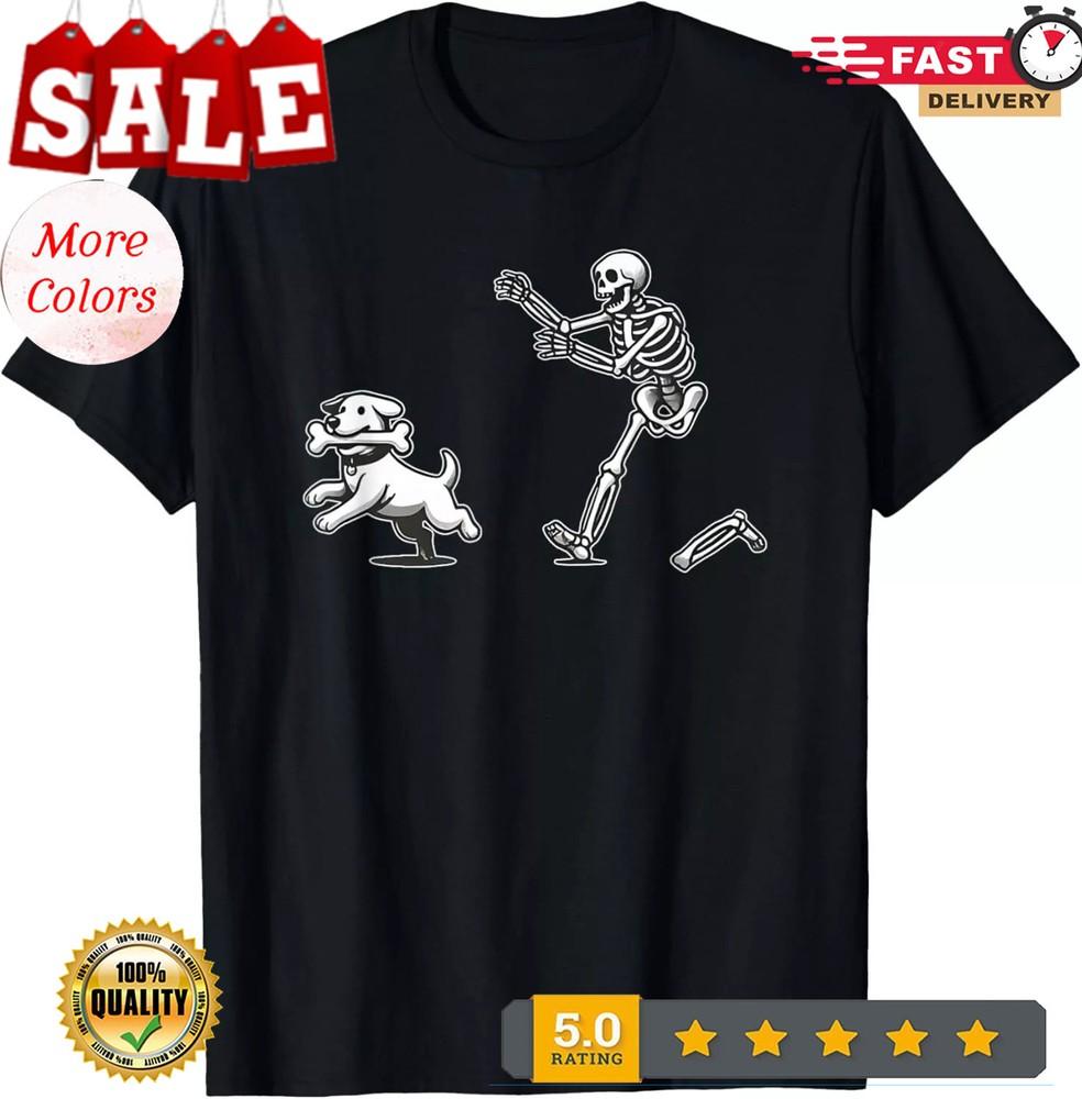 2025/Хэллоуин Собака, Смешной Скелет, Скелет Гонится за Собакой Футболка Унисекс Футболка XXXXL