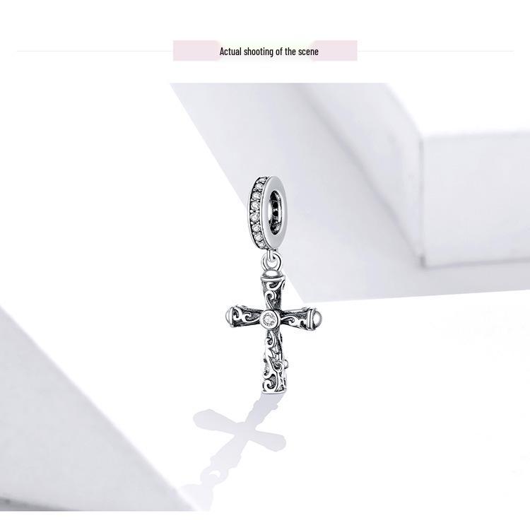 Avle S925 Sterling Silver Retro Cross Pendant Bracelet with European & American Fashion Beads