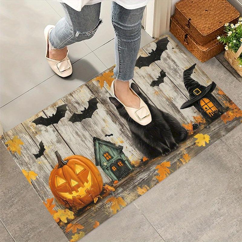 Halloween Black Cat Door Mat Entrance Non Slip Floor Mat Pumpkin Bat Wooden Board Printed Carpet Home Decoration