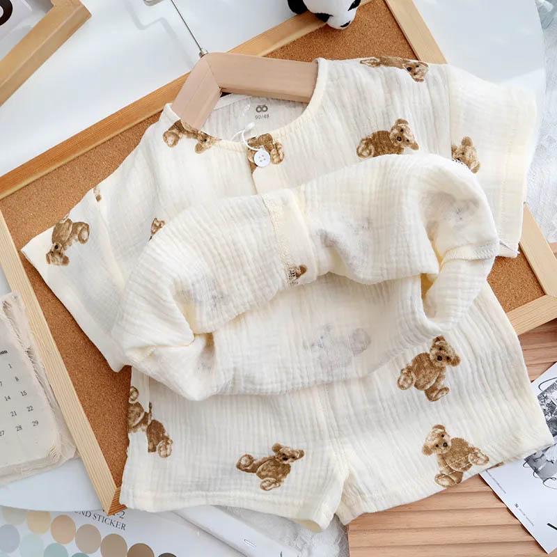 Baby Summer Home Set Yarn Cotton Summer Thin Section Boys and Girls 1-3 Years Old Casual Loose Cute Short-sleeved Cardigan Pajamas Two-piece Set