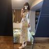 Vacation Wind Dopamine Watercolor Suspender Dress Women's Summer Waist Pinched Mesh Stitching Fishtail Seaside Beach Dress