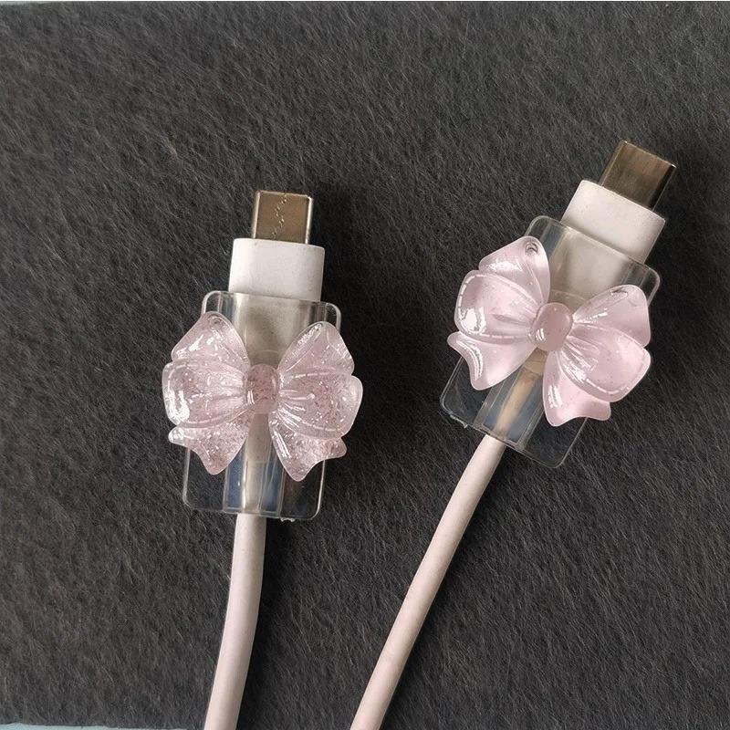 2 Pieces Beautiful Bow Silicone Charger Cable Protective Cover Cable Holder Clip Anti-break Transparent Cord Cover Wrap