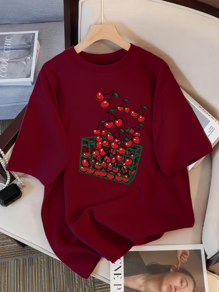 A Basket Of Cherries Printing Female Tee Shirt Breathable Casual T-Shirts Summer Short Sleeve Soft Loose Streetwear Women