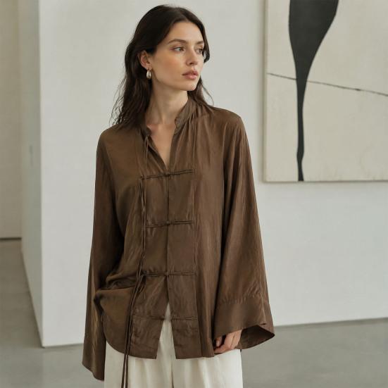 Handgemachtes Knopflochhemd Damen Hemd mit Stehkragen, Chinesische Frosch-Bluse für Frühsommer Freizeit-Outfit Herbst, Lockeres einfarbiges Langarm-Oberteil Frühjahrs-Kleidung