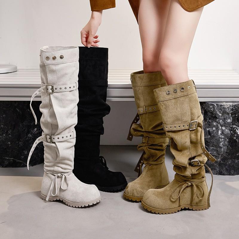Womens Knee-High Chunky Heel Boots Round Toe Wide Calf Over-the-Knee Fashion Winter