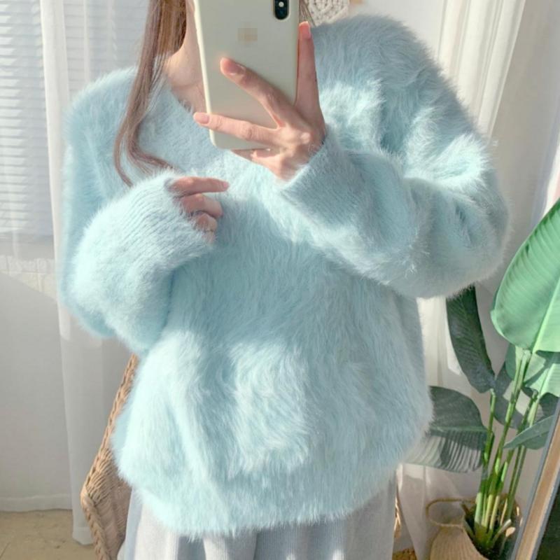 Svetr imitace norky dámský podzim a zima nový teplý volný svetr s výstřihem do V pevný svetr s dlouhým rukávem dámský top