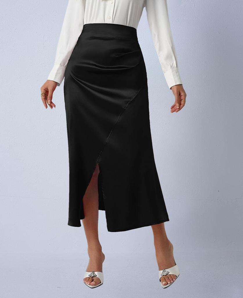 European & American Women's Satin Midi Skirt - Autumn Pleated, Slit Fishtail, Hip-Hugging Design with Zipper