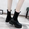 Flat-bottomed High-heeled Martin Boots with Round Head, New Thick-heeled Medium-tube Martin Boots, Elastic Foot Boots.