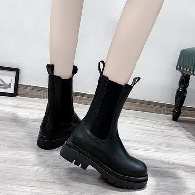 Flat-bottomed High-heeled Martin Boots with Round Head, New Thick-heeled Medium-tube Martin Boots, Elastic Foot Boots.