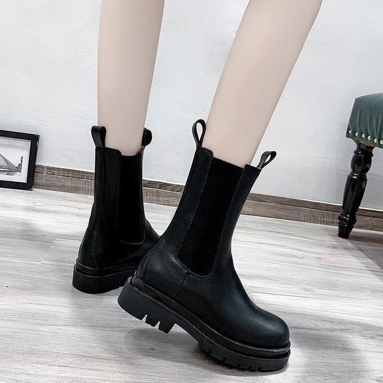 Flat-bottomed High-heeled Martin Boots with Round Head, New Thick-heeled Medium-tube Martin Boots, Elastic Foot Boots.
