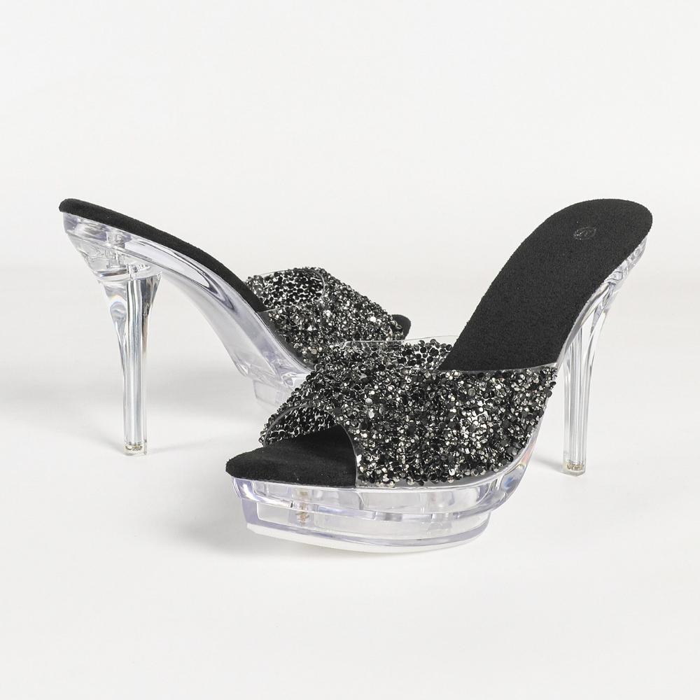 

12.5CM Square Toe Crystal Slippers, Transparent Chunky Heel Slides, Wedding Car Model Nightclub Sexy Shoes LFD-19876-C2 43 чорний