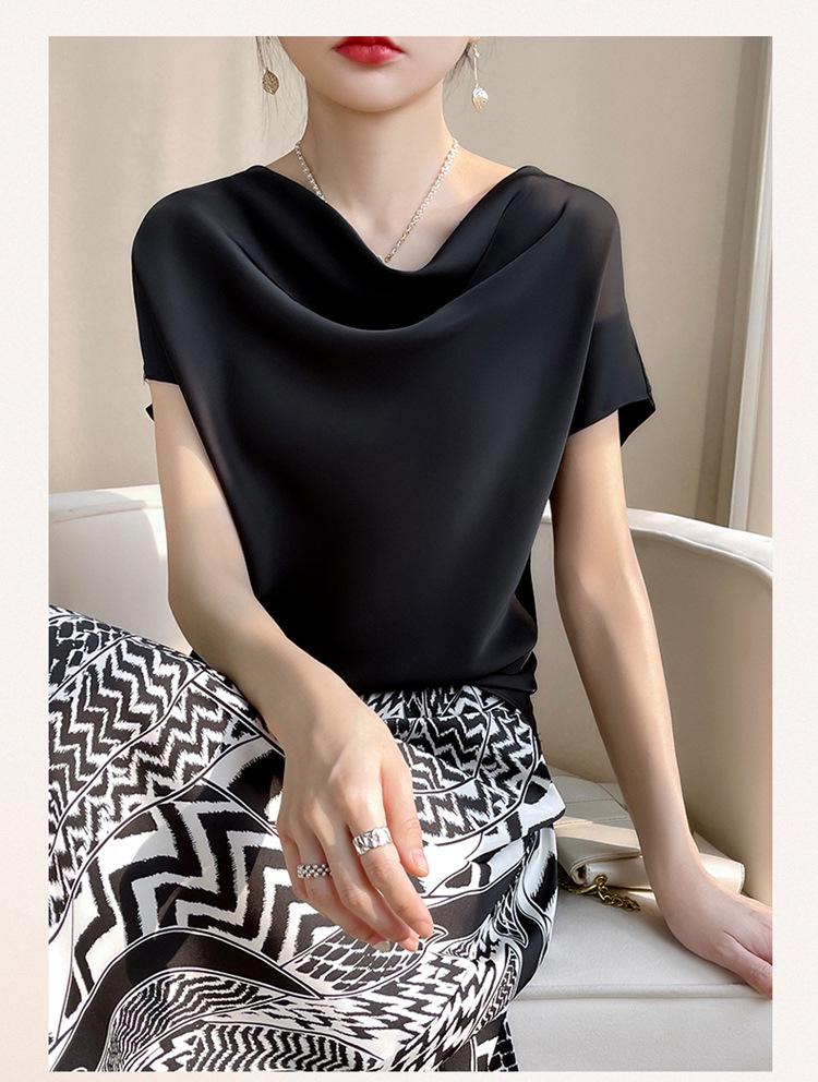 Women's High-End Short Sleeve Cowl Neck Satin Blouse