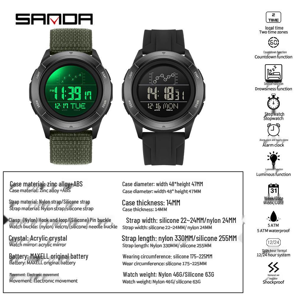 SANDA Outdoor Multifunctional Waterproof Men's Watch with Large Screen Display for Students