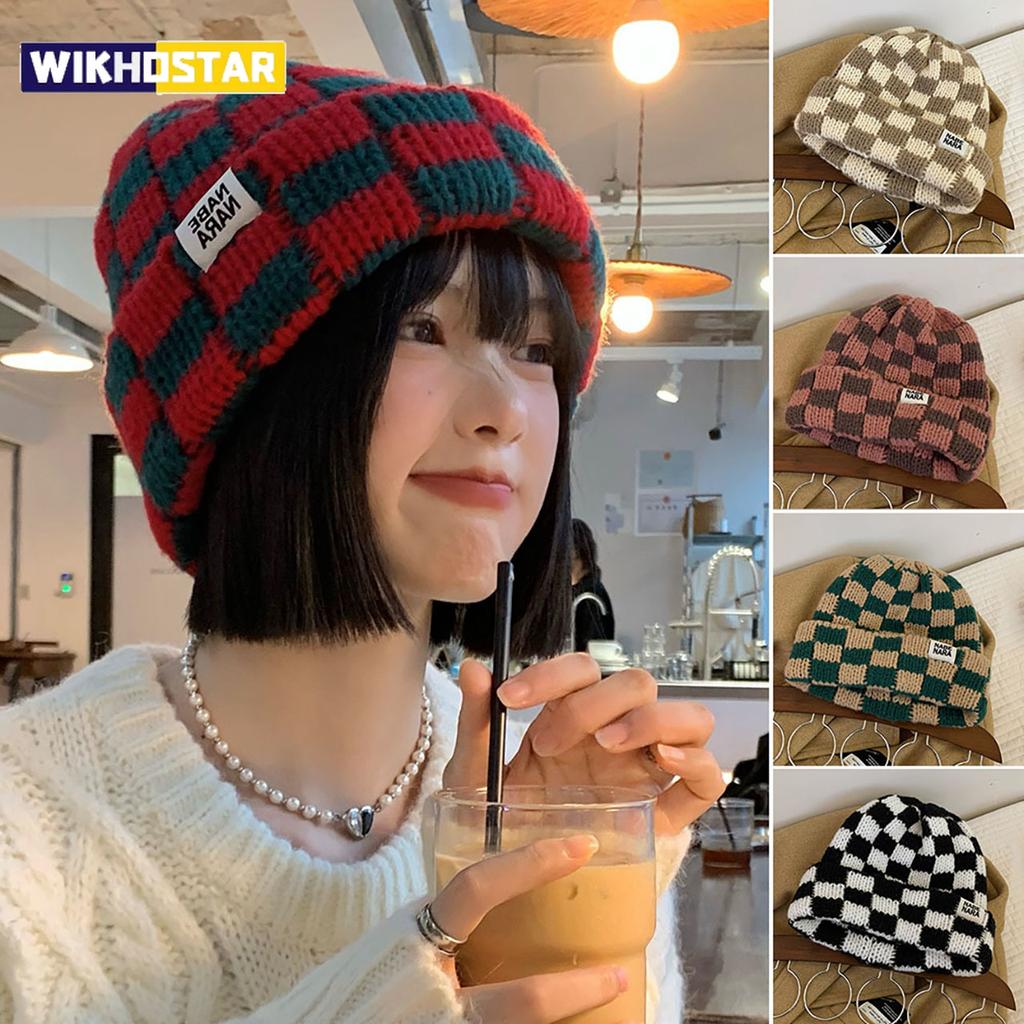 Vintage Plaid Beanie Cap for Women Autumn Winter Warm Knitted Woollen Hat Outdoor Anti-cold Skullies Caps