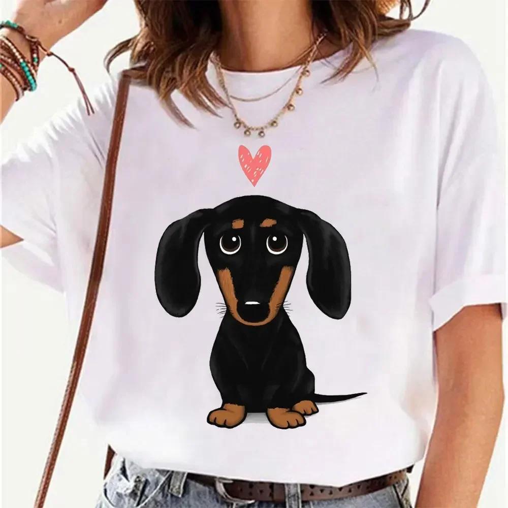 Black and Tan Dachshund with Heart Retro Y2K Funny T-Shirt Female Summer Cute Cartoon Wiener Dog Fashion Tee Top Casual Tops 2k