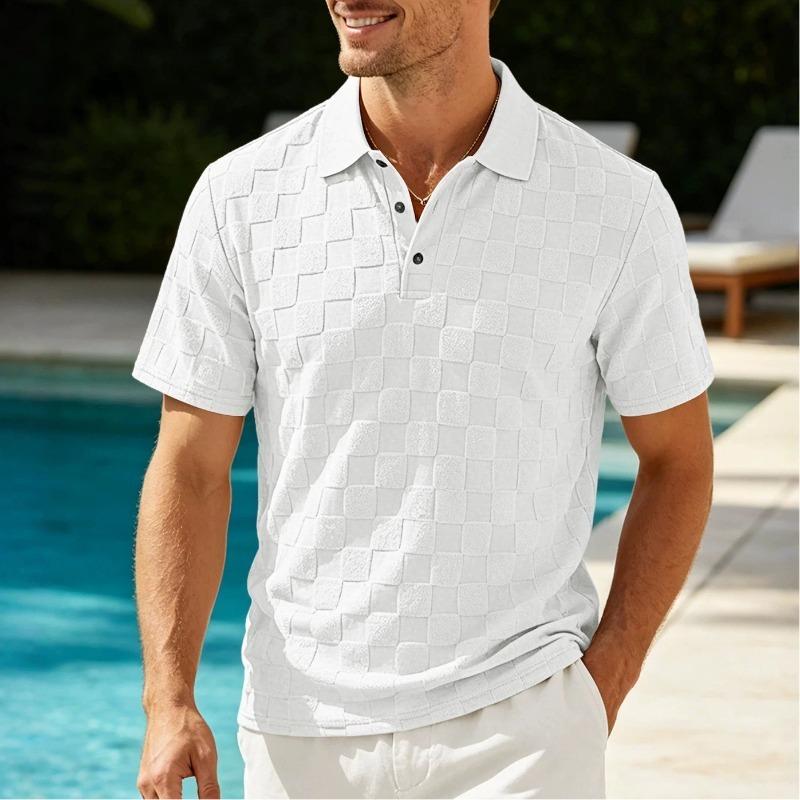 Mens Casual Check Jacquard Short Sleeve Collared Polo Shirt Breathable Loose Summer T-Shirt