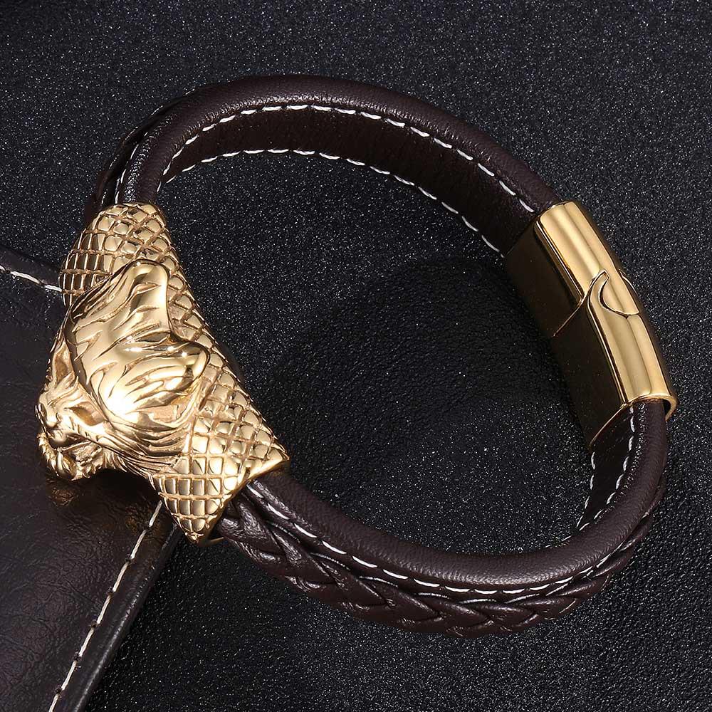 

Браслет из нержавеющей стали с кожей дикого волка и титановой волчьей головой Inner 175mm, Full Length 205mm