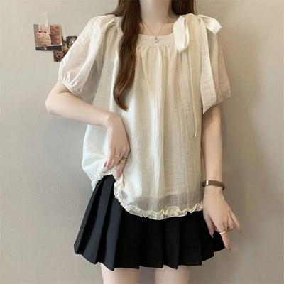 Women's Beige Sheer Short Sleeve Blouse With Bow Shoulder And Ruffled Hem