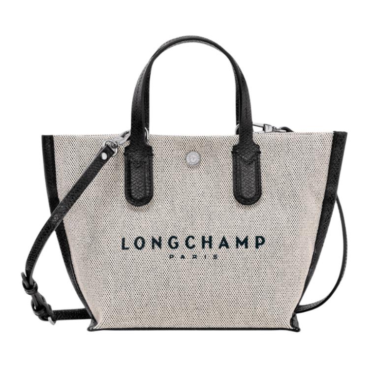 Longchamp Essential Logo Print Snap Closure Cotton Canvas Tote Bag Women Tote Bags Beige Black 10259HSG037