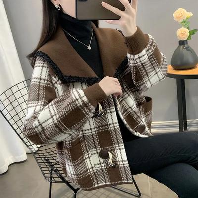 Coats for Women Winter Cotton Jacket  Thickened Velvet Checkered Cardigan Loose Casual Coat Top