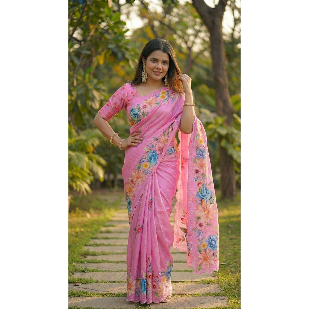 Soft Chinon silk saree floral digital print with beautiful handwork and hand work with cut-work  border