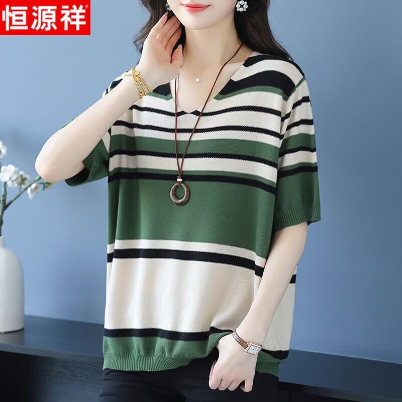 Hengyuanxiang Women s Plus Size Striped Short Sleeve Knit Top 3XL