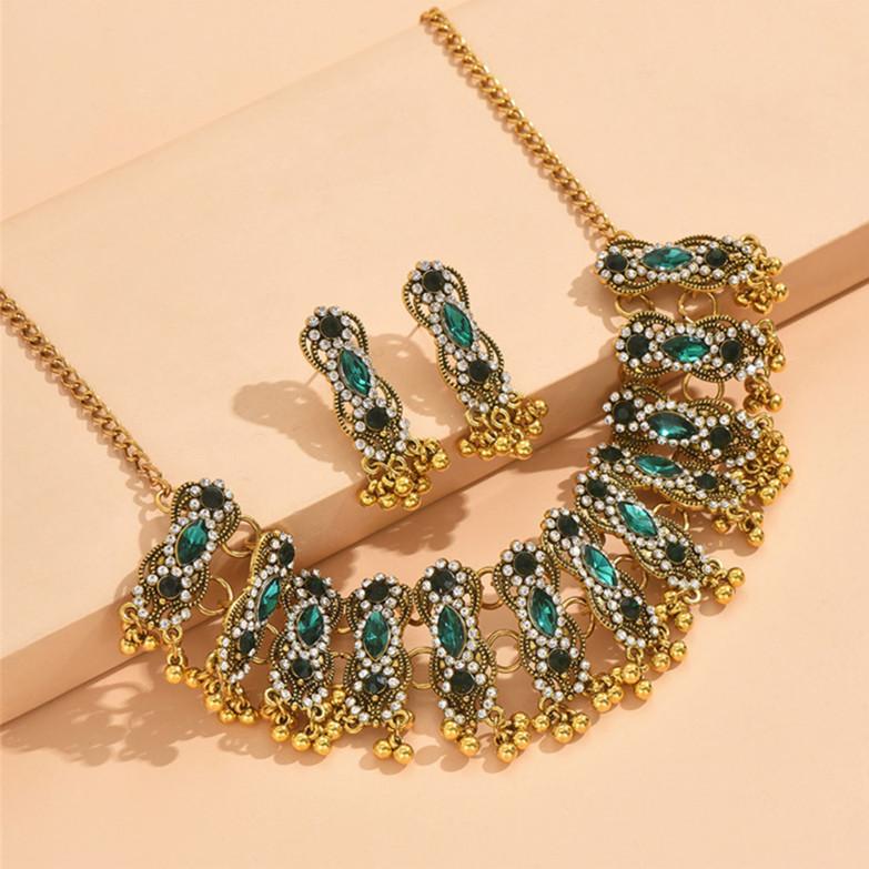 Vintage Ethnic Inlaid Colorful Crystal Stone Daily Outfits Party Accessories Statement Necklace Earrings Jewelry Gift