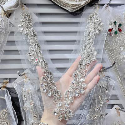 Heavy Industry Bead Rhinestone V-neck Decorative Applique  Lace Mesh Bow Patches Clothing Dress DIY Sewing Accessories