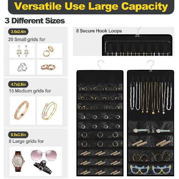 Hanging Jewelry Organizer with Multi-size pockets Double-Sided Jewelry Holder for Earrings, Necklaces, Rings on Closet, Wall, Door,Jewelry Organizer