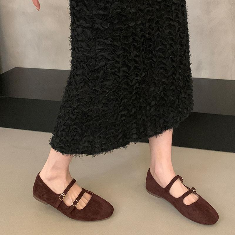 Fashion Buckle Fashion Flock Ladies Mary Janes Flats Shoes 2025 New Shallow Female Soft Footwear Round Toe Women Ballet Flats Shoes