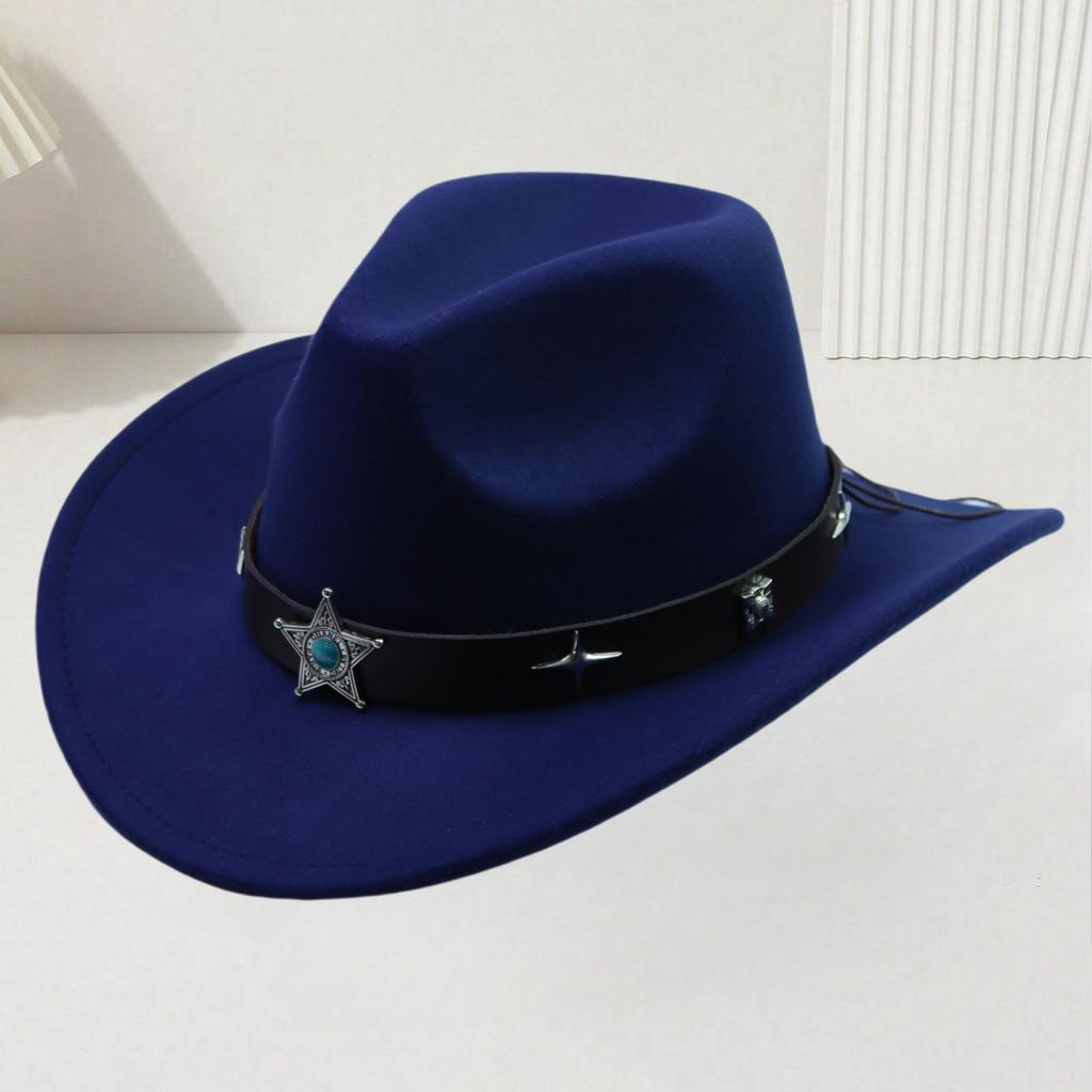 European and American Woolen Hat Women's Western Retro Cowboy Hat Men's Five-pointed Star Ethnic Style Decorative Flat Top Top Top Hat
