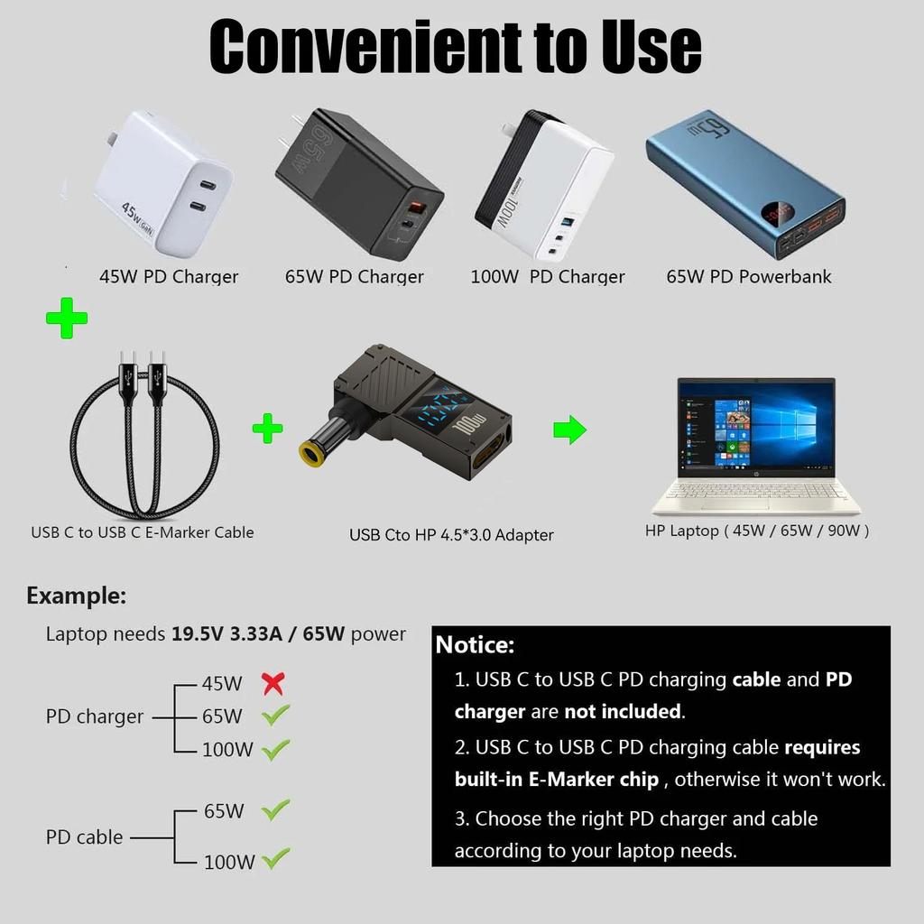 PD 100W Laptop Charging Adapter Type-C to DC 5.0x1.0mm Digital Display Fast Charging Converter