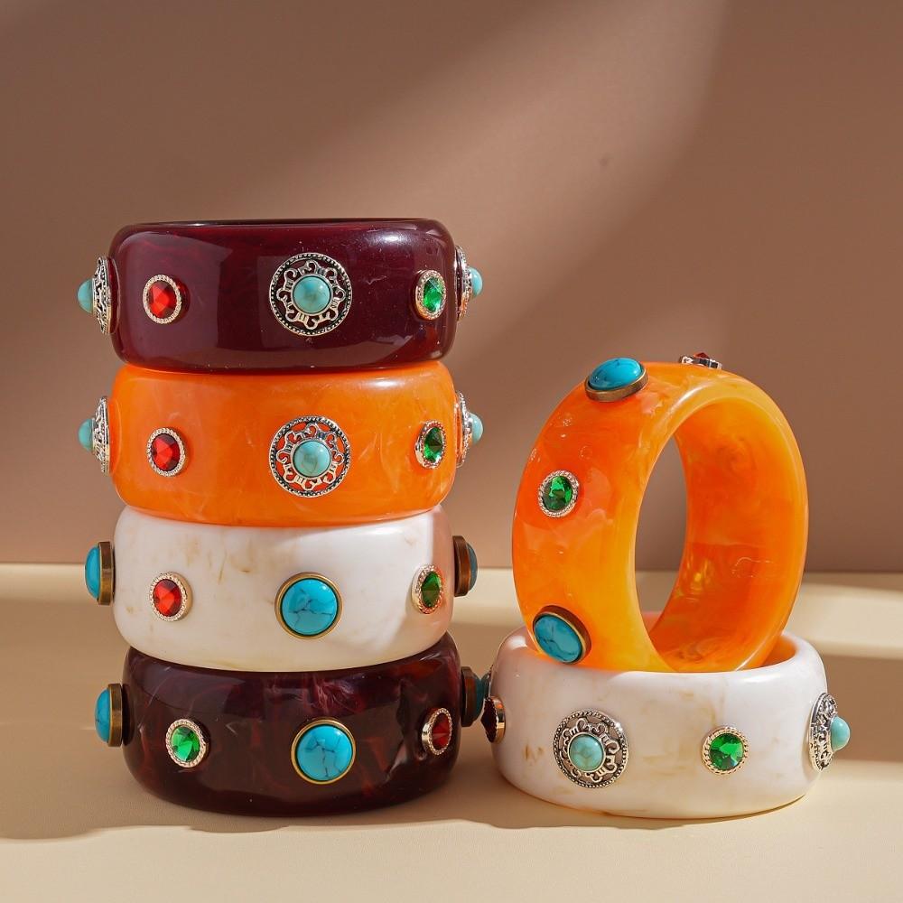 Bohemian Acrylic Rhinestone Bangle Wide Retro Hand Ring Turquoise Acrylic Bracelet  Lady Girls