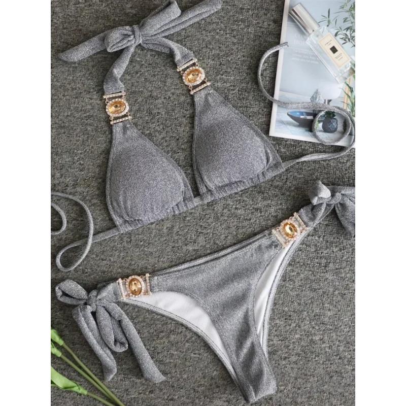 

2025 Блискуче стразове діамантове бікіні Жіночий купальник Жіночий купальний костюм Комплект бікіні з двох частин Халтер Металеві ланцюжки Купальний костюм M