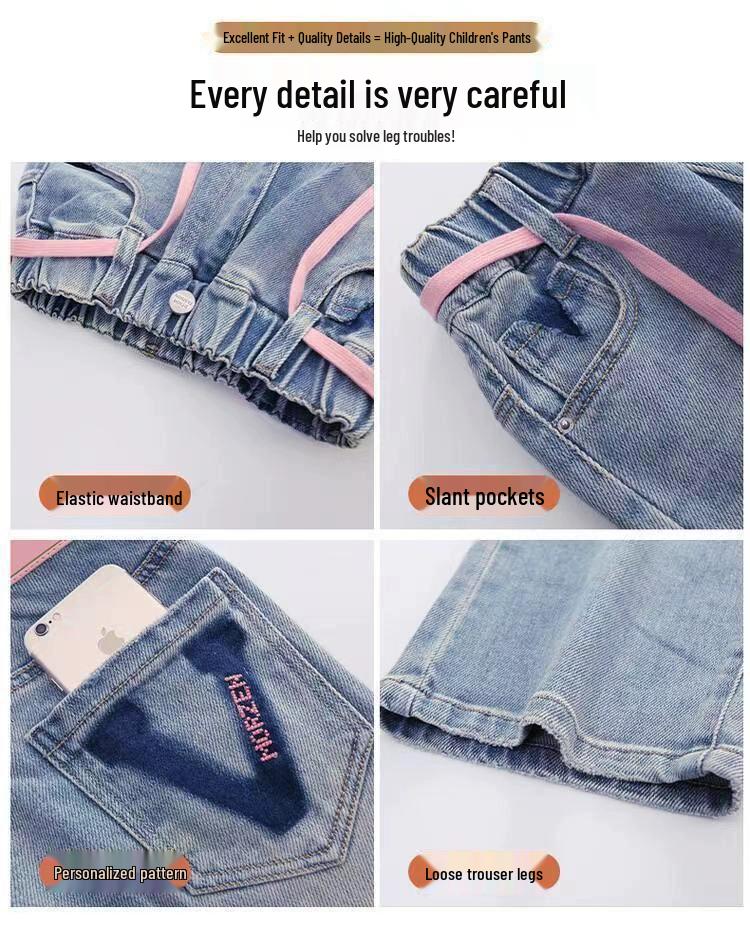 Bestickte Wide-Leg Jeans für Mädchen für Frühling & Herbst - Gerader & Lockerer Schnitt für Kleine & Ältere Mädchen