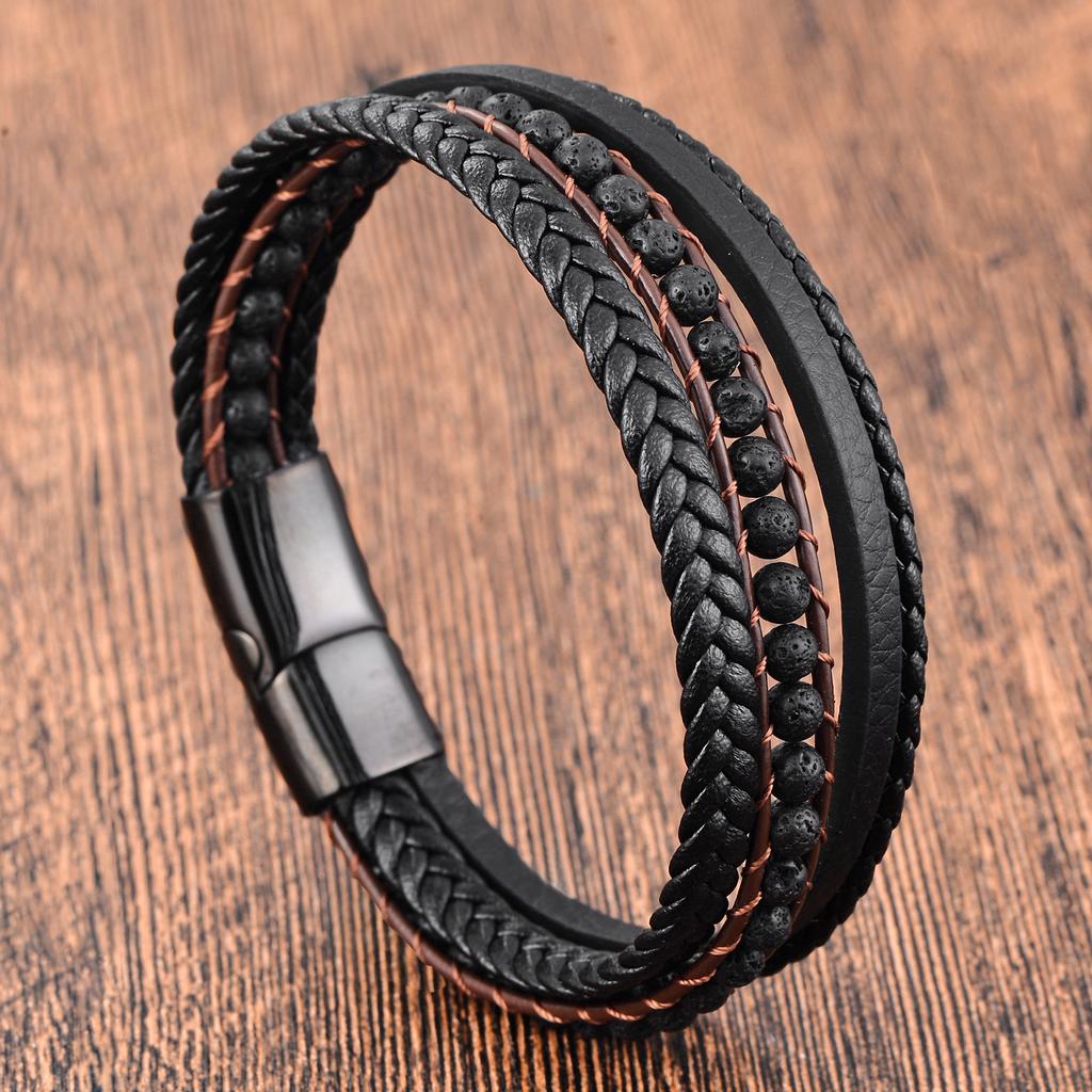 Fashion Rope Men Bracelet Double Layer Leather Bracelet Homme Stainless Steel Accessories for Lover Husband Jewelry Gift