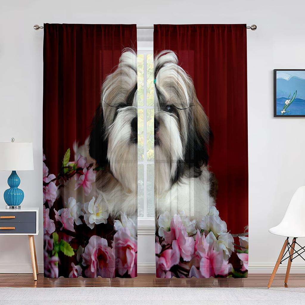 Cute Dog Shih Tzu Puppy Pet Sheer Voiles Curtains for Living Room Bedroom Kitchen Tulle Window Curtain Home Balcony Decor Drapes