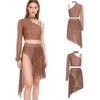 Dames Lyrische Dans Outfit Glanzend Strass Asymmetrische Crop Top Hoge Taille Slipje Korte Broek Chiffon Rok Kostuum