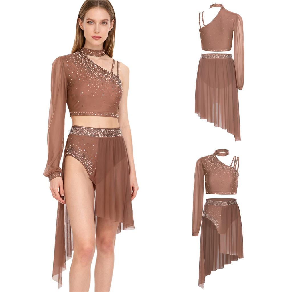 Dames Lyrische Dans Outfit Glanzend Strass Asymmetrische Crop Top Hoge Taille Slipje Korte Broek Chiffon Rok Kostuum