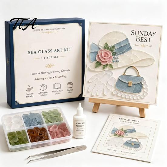 Sunday Traditions Sea Glass Art Kit Kit, DIY Mosaic Relaxing Craft Kits for Families Morning Adults Teens, Handmade Home Decor Desktop Ornament Set