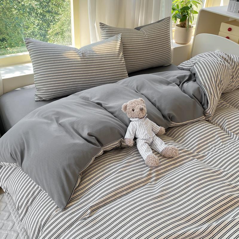 

Cute Cartoon Panda Duvet Cover Green Stripe Bedding Set - 1 Kawaii Animal Comforter Cover + 1 Solid Flat Sheet + 2 Pillowcases 150x200cm 4pcs set